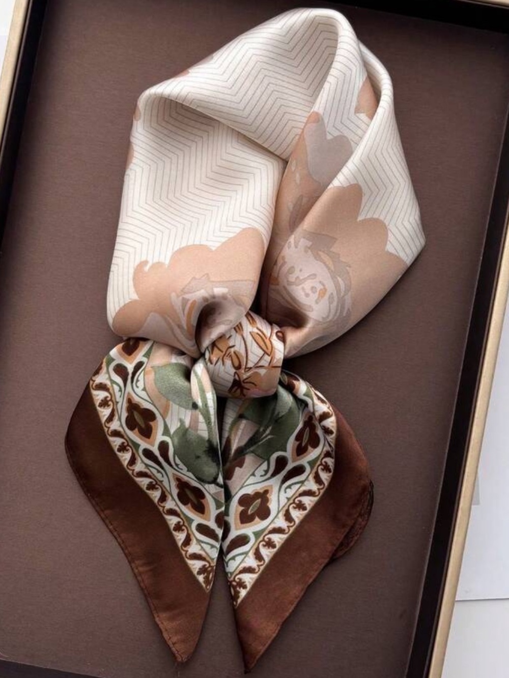 Silk-Feel Women’s Scarf in Cream, Coffee & Earthy Tones | 27.5”